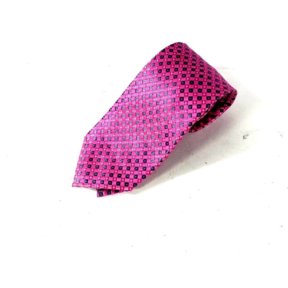 Hathaway Mens Tie Necktie Pink Gray Geometric 100% Silk Tied Woven Hand Made